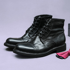 High-end brand handmade lace-up men's shoes with three connectors, cowhide round toe, high-top, genuine leather <b>boots</b> for men - Product Image 4