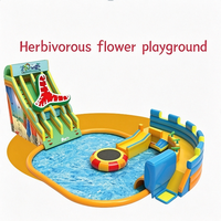 Parc aquatique gonflable Bay Dinosaur Flower Castle avec toboggan et piscine, équipement d'amusement commercial extérieur pour enfants, idéal pour les entreprises de location