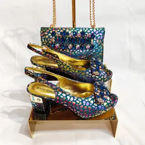 Platform ayakkabılar ile çanta seti tıknaz yapay elmas tokalar İtalyan tasarım yüksek kalite orta topuk kadın düğün ayakkabı ve çanta
