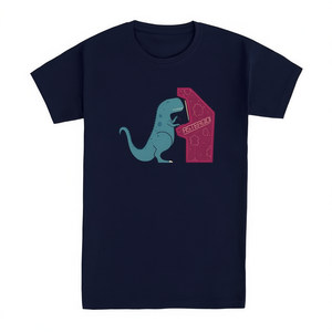 T-shirt Irony blu scuro con design grafico di dinosauri e asteroidi, unisex, promozionale - Product Image 2
