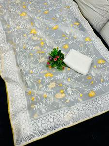 Heavy Nylon Soft Organza Silk Work Jari Thread Satén Seda Saree con Heavy Hand Work Blusa de encaje lista para usar - Product Image 3