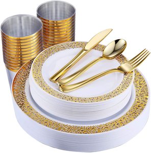 150 Piece Gold Dinnerware Set Elegant Lace Disposable Plates with Plastic Cutlery