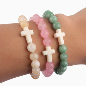 Nouveau design, vente en gros, bracelets extensibles en perles <span class=keywords><strong>de</strong></span> <span class=keywords><strong>pierre</strong></span> turquoise <span class=keywords><strong>noire</strong></span> naturelle <span class=keywords><strong>de</strong></span> 8 mm avec croix - Product Image 5