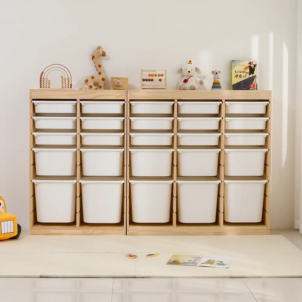 Muebles de habitación para niños, juguetes de madera, estantes para libros, armarios de almacenamiento con caja de almacenamiento de plástico para niños