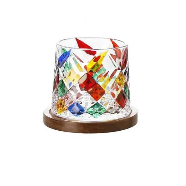 Colored Diamond Shaped Cocktail Whiskey Glass Cup Gold Rim Geometric Juice Water Drinking Glasses