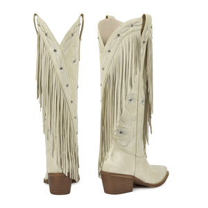 WETKISS Bottes de cowgirl occidentales à bout pointu pour femme, brodées, à franges, hauteur genou, motif floral, talon épais rétro, vente en gros - Product Image 2