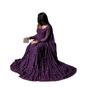Salwar kameez de seda morada para mujer, ropa étnica india, estilo tradicional de boda en seda azul, largo hasta el suelo. - Product Image 1