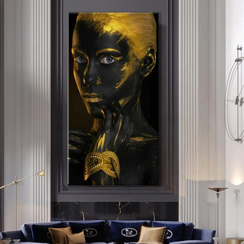 African Woman Gold Foil Effect Character Wall Art Canvas Painting Art Statue Poster Print Picture Living Room Decor