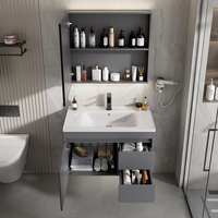 Meuble-lavabo mural moderne et concis en aluminium avec porte en PVC, vasque en céramique grise, miroir à capteur tactile et étagères
