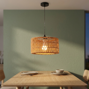 Luminaire suspendu en rotin, E27 LED 2700K, blanc chaud, abat-jour rond pour salon, montage noir, lampe de plafond - Product Image 3