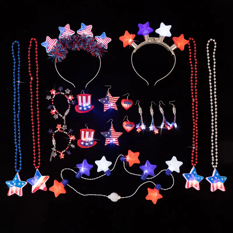 Hot Selling Independence Day Party Glowing Led Flashing Headband Glowing Earrings 4th of July Necklaces Patriotic Party Favor