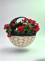 Panier à fleurs beige vert imitation osier, poignée enveloppée de tissu noir, doublure en plastique, pot de jardin extérieur