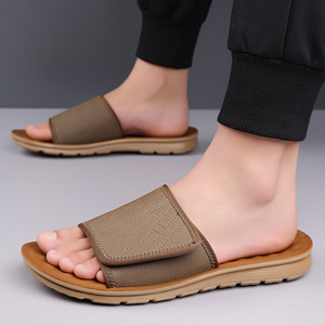 Pu <b>Slides</b> Open Toe Anti <b>Slip</b> Rubber Outsole Casual Men's Sandals Solid Color Embossed Logo - Product Image 2