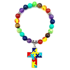 <span class=keywords><strong>Bracelet</strong></span> de Sensibilisation à l'Autisme, <span class=keywords><strong>Bracelet</strong></span> Perles Pierres Naturelles 7 Chakras, Pendentif Puzzle, <span class=keywords><strong>Bracelet</strong></span> Élastique Guérison des Chakras en Cristal - Product Image 4