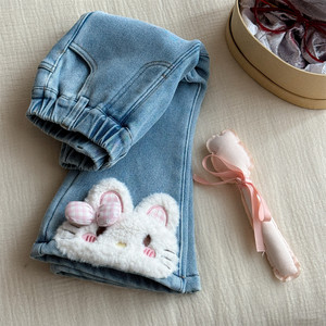 Girls Denim Flared <b>Pants</b> Blue Fleece <b>Lined</b> Winter Casual Long <b>Pants</b> For Children - Product Image 4