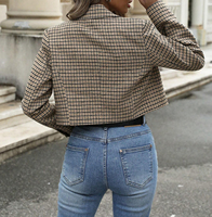 Manteau de costume vintage décontracté pour femme, coupe courte, à revers crantés, double boutonnage, manches longues, motif pied-de-poule