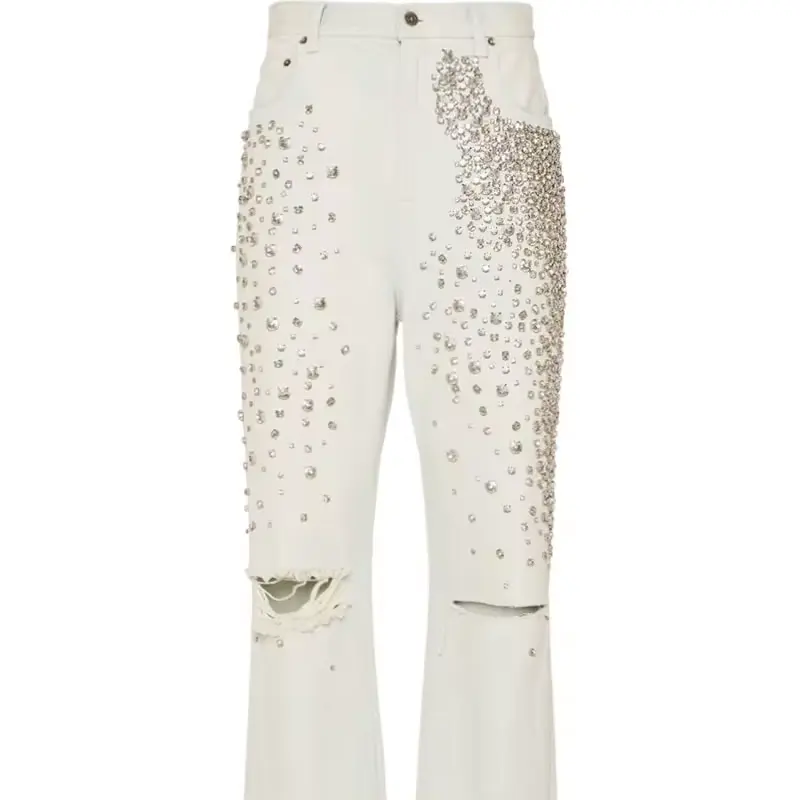 ZhuoYang konfeksiyon özel tasarımcı bayanlar gevşek pantolon anne Fit yüksek kalite Rhinestone cep düz kadın Denim kot yırtık