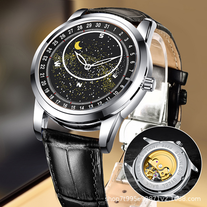 999 coque en cuir noir argenté [montre mécanique]]