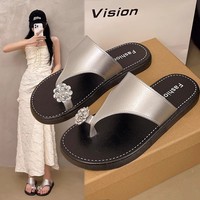 Sandales plates pour femmes style féerique avec fleurs en strass, parfaites pour la plage, vente en gros de claquettes et pantoufles