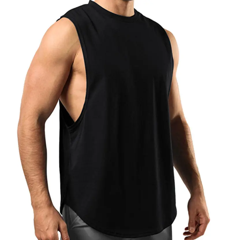 Men's Fitness T-shirt Sports Vest Round Neck Curved Hem Sleeveless Tank Top Elastic Solid Color Men's Gym Tank Tops