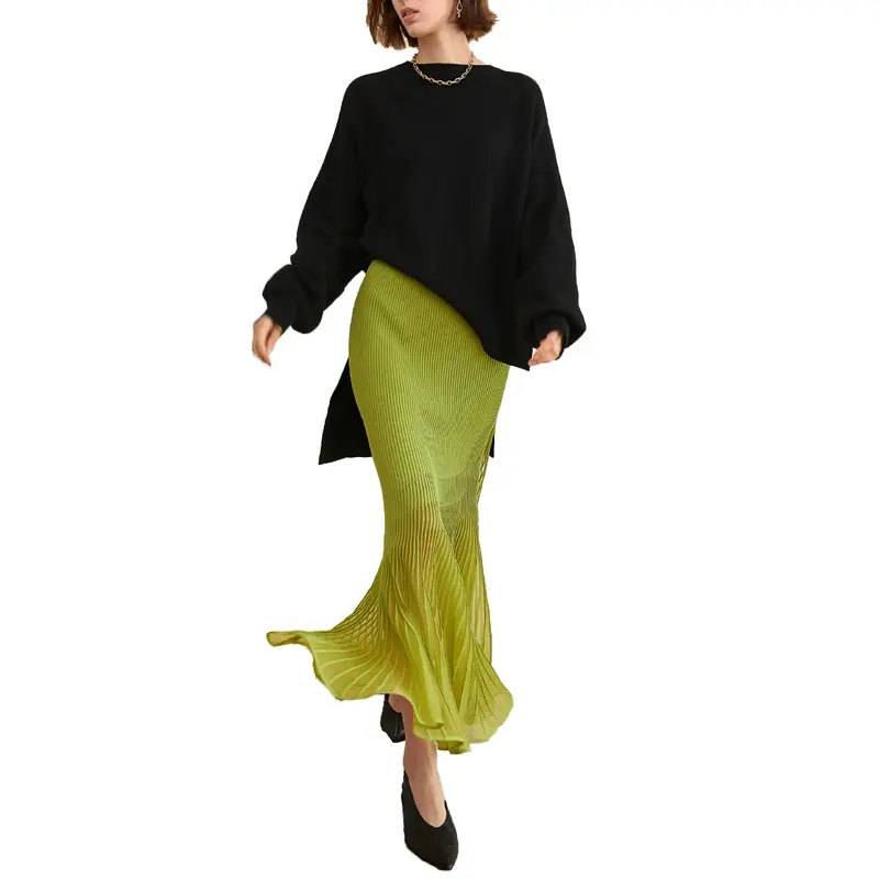 ladies skirts high waist pleated custom high quality green long skirt for women