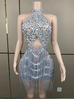 Robe de fête d'anniversaire sexy avec pompon et strass Tenues de danseuse DJ Mini robe à franges et paillettes pour femmes