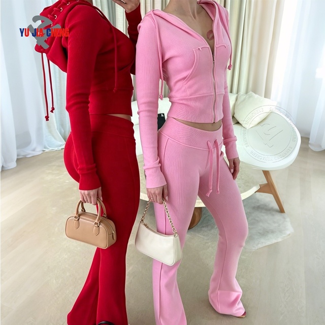 Y2K Streetwear Zipper Cropped Hoodie and High Waist Sweat Pants Custom Fitness Two Piece Tall Girl Friendly Set Women Tracksuits
