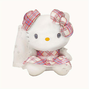 8インチ/20cm サンリオのぬいぐるみ用-Y2Kピンクホワイトチェック柄ドレスウェディングベール ソフトぬいぐるみ 愛の贈り物 - Product Image 2