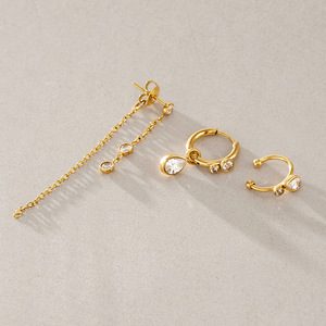 Juego de Aretes 3 en 1 de Acero Inoxidable con Oro de 18K y Circonitas, Diseño de Borla Delantera y Trasera, Lágrima, Huggie y Clip, Hipoalergénicos, Joyería Fina para Regalo - Product Image 3
