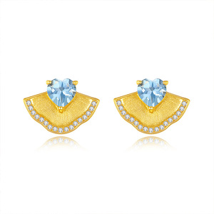 9 Vintage 925 Silver Gold Plated Brushed Fan Stud Earrings 6mm Heart Cut Natural <b>Stone</b> Daily Wear Jewelry For Women - Product Image 1