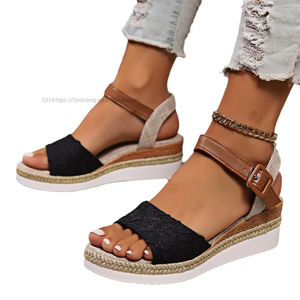 Sandales pour femmes à semelle épaisse en corde de chanvre, style sabot, à talon compensé et bout ouvert - Product Image 5