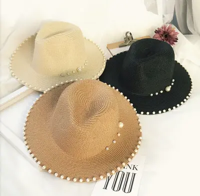 Mode Sombrero perle visière Trilby Jazz large bord Logo personnalisé disquette plat haut noir chapeau de paille