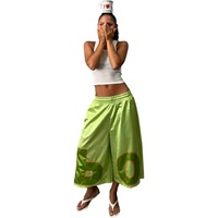Pantalon 3/4 KY pour femme, short large en satin, coupe ample, cordon de serrage, taille élastique, vert lime, imprimé graphique, streetwear décontracté