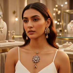 Women's Vintage Gold Plated Alloy Jewelry Set <b>Flower</b> Shape Zircon Pendant Earrings Wedding Style - Product Image 3