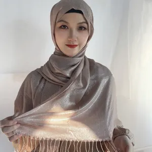 Écharpe scintillante musulmane Hijab Écharpe à paillettes avec pompon Couleur pure Femmes Long Party Pashmina Châle Wrap Écharpe Fournisseur