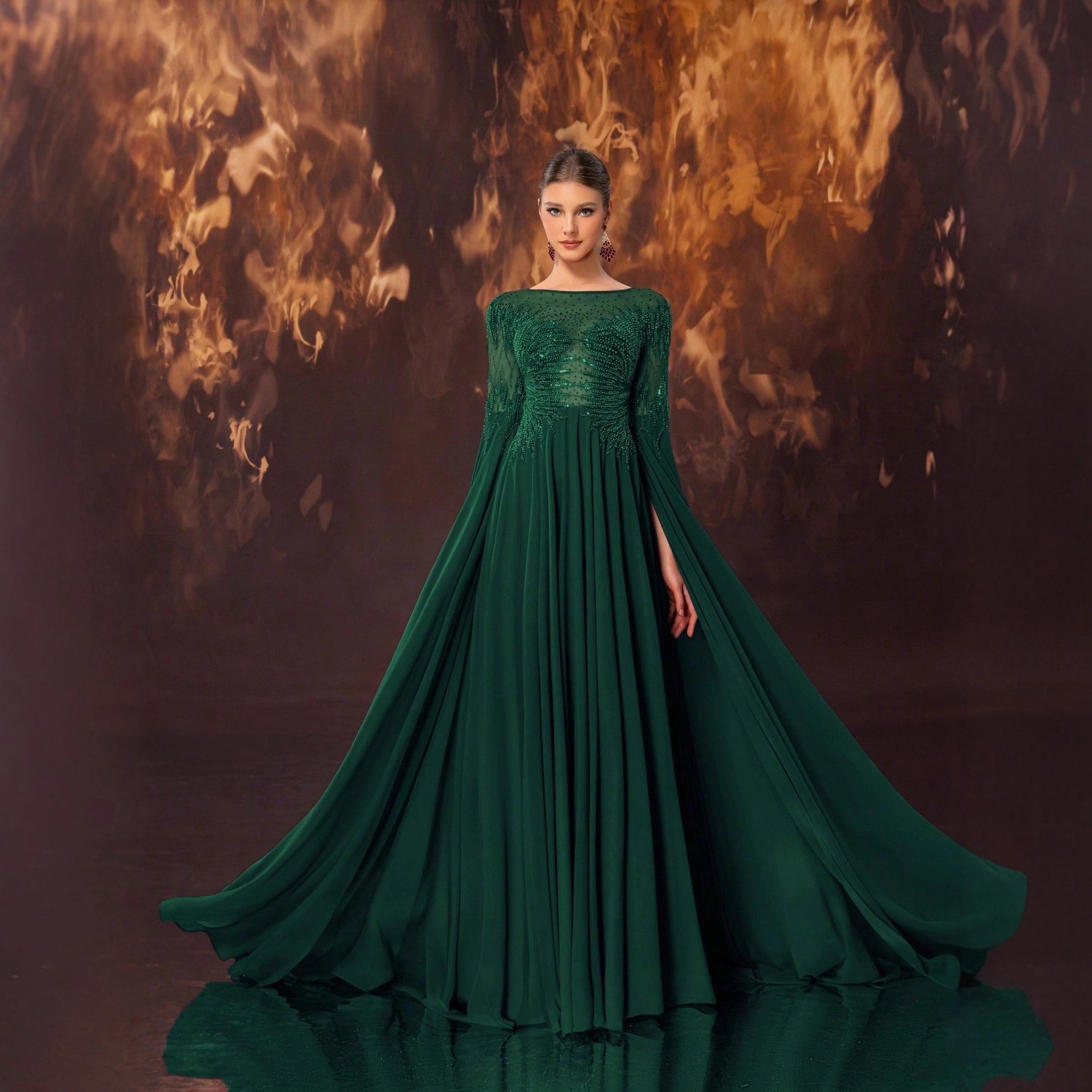 Dark Green Gown with Sleeves - Elegant Party Dress Dark Green Gown with Sleeves - Elegant Party Dress