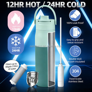 Bouteille filtrante à eau pour le camping avec logo personnalisé, 680 ml/1000 ml, double paroi en acier inoxydable, charbon actif, avec paille - Product Image 2