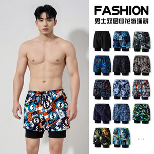 กางเกงว่ายน้ำชายแบบสองชั้น แห้งเร็ว ทรงหลวม ใส่ชายหาด เอวกลาง ผ้าถัก ไซส์ผู้ใหญ่ - Product Image 4