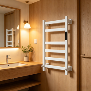 Sèche-serviettes électrique moderne de luxe à finition mate avec étagère, 45-70 ° Sèche-serviettes chauffant réglable en fibre de carbone pour salle de bain - Product Image 4