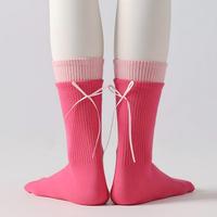 Chaussettes de Pilates personnalisées en gros avec nœud décoratif, en coton respirant, double revers, sans couture, antidérapantes, pour femmes, yoga et barre