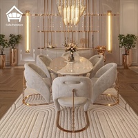Ensemble de table à manger ovale sur mesure avec 6 chaises design, plateau en marbre blanc, structure en or rose, mobilier complet pour villa et manoir