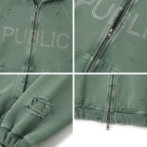 Sweat à capuche zippé unisexe surdimensionné et vieilli pour homme, 100 % coton, style streetwear, épais, avec strass, collection automne – Fabricant - Product Image 2