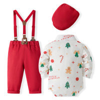 Traje Formal Navideño para Bebé Catpapa, Mono de Manga Larga con Estampado de Galleta de Jengibre, Pantalones con Tirantes, Corbata de Moño y Gorro, Disfraz Festivo