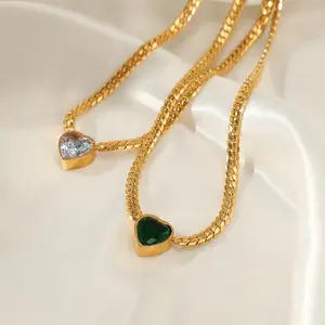 Luxe 18k Or Acier Inoxydable Zircon Coeur Médaillon Pendentif Collier Femmes Serpent chaîne en forme de coeur bracelet Collier