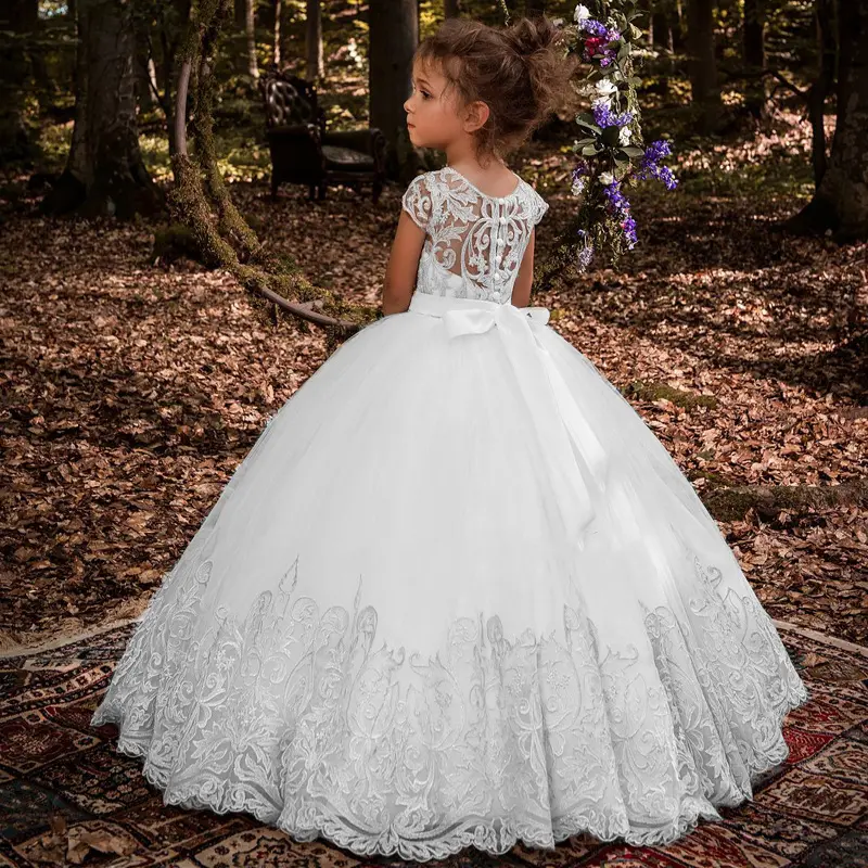 Vestido de encaje blanco ahuecado para niños, ropa de primera comunión, vestidos de flores para niñas, vestidos de baile de fiesta para niños