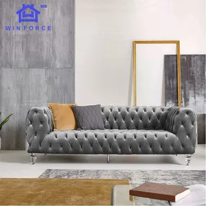 Winforce Wholesale Modern Home Furniture Sofa Set Italian Style Gray Acrylic feet 3 Seater Chesterfield Sofa For Living Room