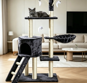 Arbre à chat multi-niveaux en bois massif avec condo, échelle, hamac, poteaux à gratter en sisal, jouets suspendus en plumes, grande activité pour chat - Product Image 3