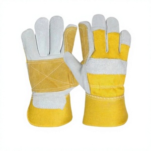 Durable Yellow Leather Safety Work <b>Gloves</b> Gray Anti-Slip Fingertips Reinforced Cuff Heat Resistant <b>12</b> <b>oz</b> Thickness for - Product Image 1
