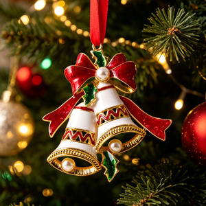 Ornement de Noël à double cloche, cloches en métal émaillé plaqué or, pendentif pour arbre de Noël, décoration suspendue avec ruban rouge - Product Image 1