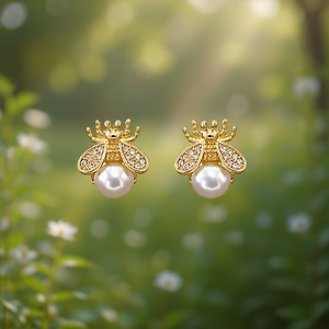 ต่างหูรูปผึ้งชุบทองประดับมุกเทียมทรงกลมสีขาวแบบฝังเพชร สำหรับผู้หญิง น่ารัก เหมาะสำหรับใส่ทุกวัน - Product Image 2